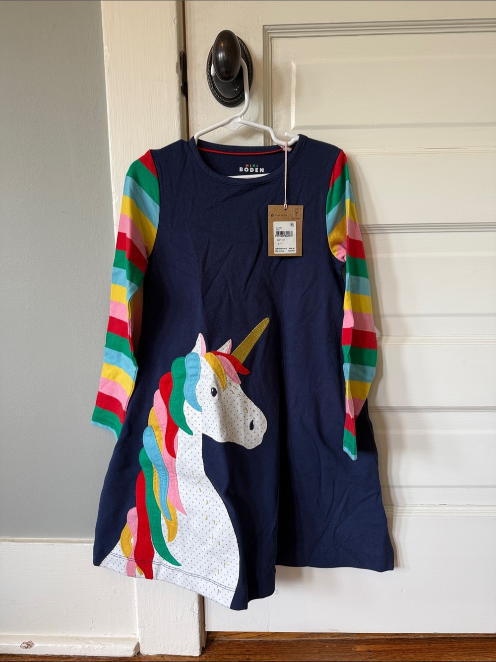Mini Boden Navy Unicorn Dress with Rainbow-striped Sleeves